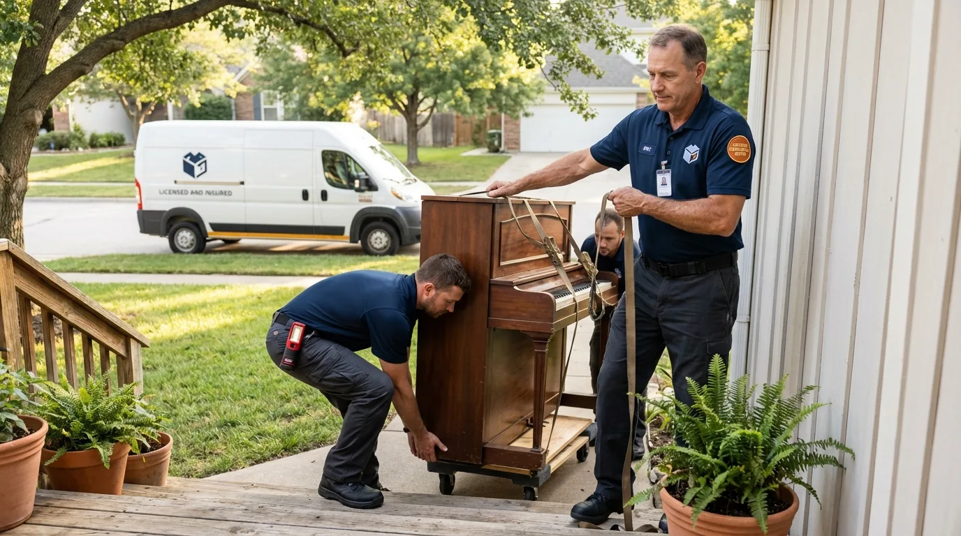 Licensed piano movers securing grand piano in Georgetown, CO