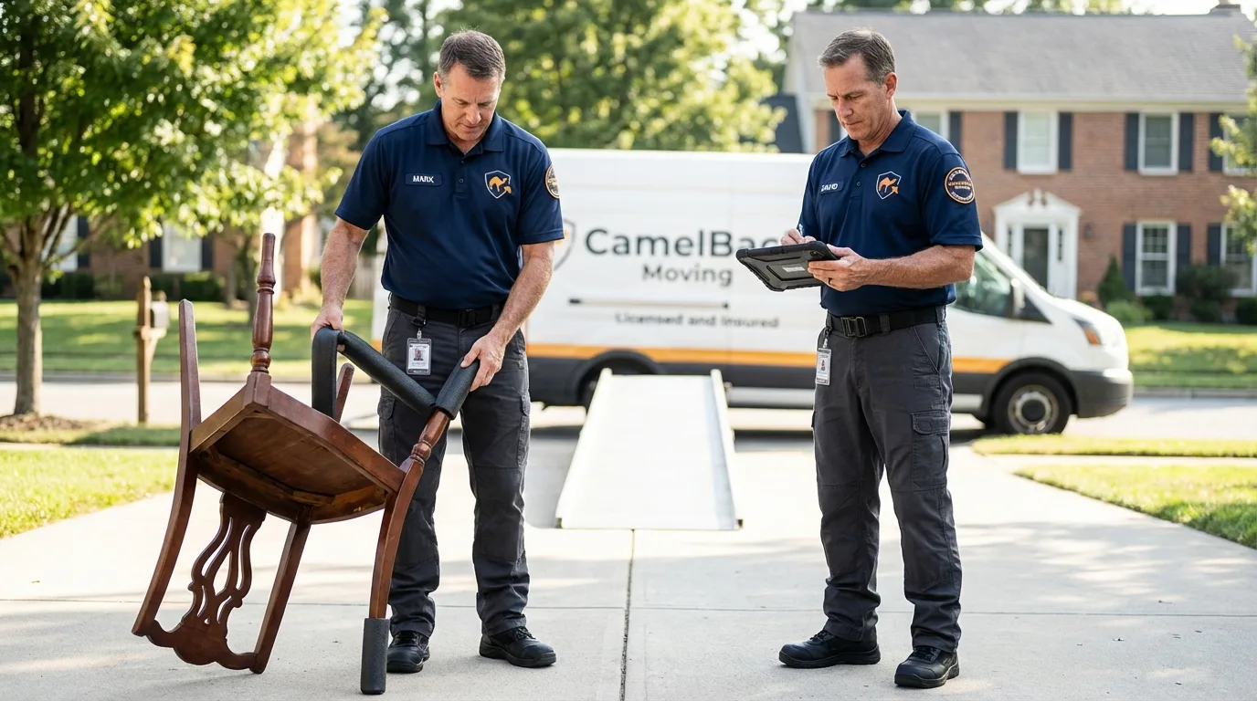 Movers inspecting furniture for damage prevention before loading in Georgetown, CO